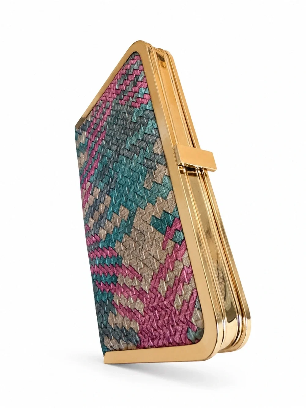 Woven Multicolor Leather Frame Clutch - Pink/Blue/Gray